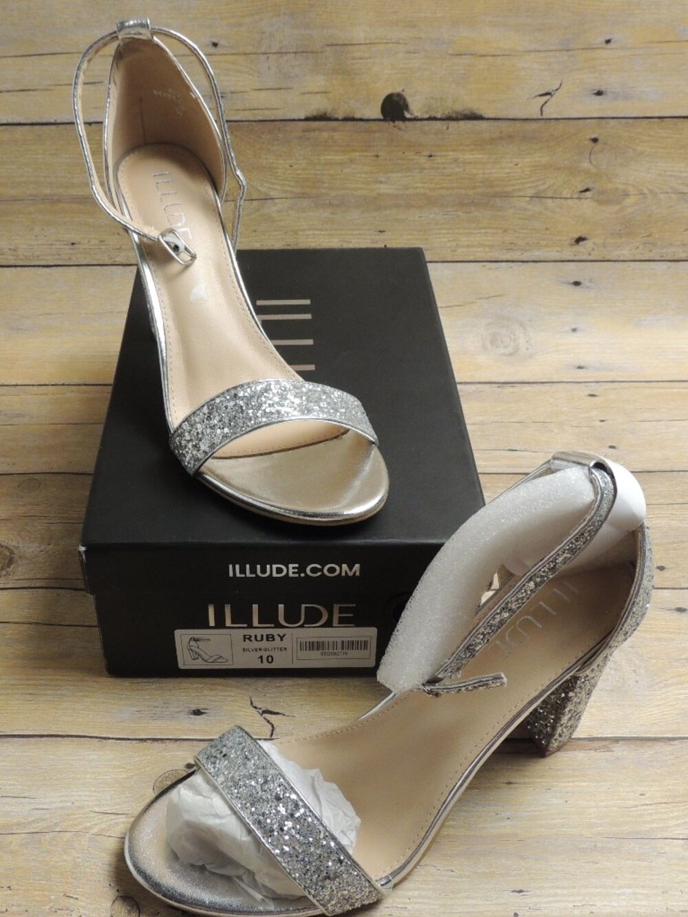 ILLUDE Women’s Ruby Open Toe Ankle Strap Chunky Block High Heel Silver Glitter